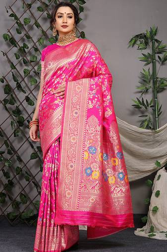 Rani pink patola silk blend saree with multicolour floral zari weaving