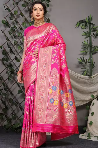 Rani pink patola silk blend saree with multicolour floral zari weaving