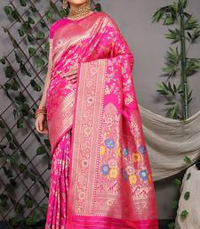 Rani pink patola silk blend saree with multicolour floral zari weaving