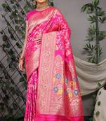 Rani pink patola silk blend saree with multicolour floral zari weaving