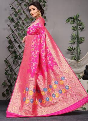 Rani pink patola silk blend saree with multicolour floral zari weaving 2