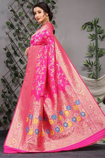 Rani pink patola silk blend saree with multicolour floral zari weaving