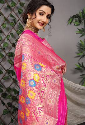 Rani pink patola silk blend saree with multicolour floral zari weaving 3