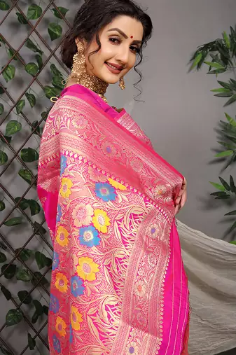 Rani pink patola silk blend saree with multicolour floral zari weaving