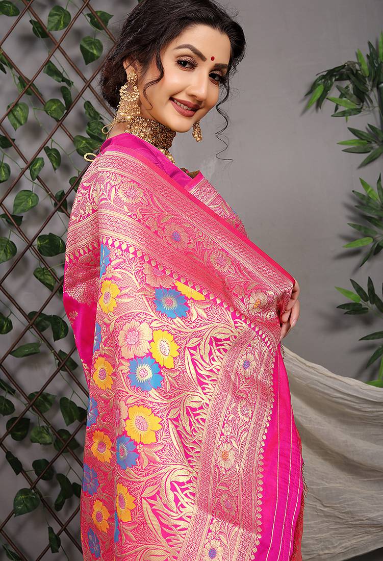 Rani pink patola silk blend saree with multicolour floral zari weaving