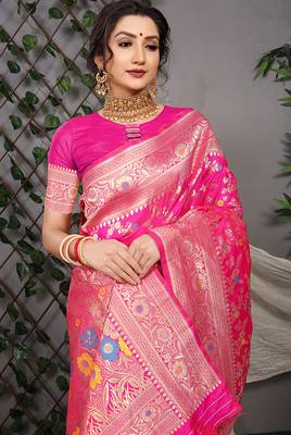 Rani pink patola silk blend saree with multicolour floral zari weaving 4