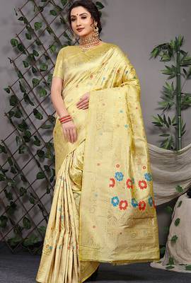 Lemon yellow patola silk blend saree with multicolour floral zari weaving 1
