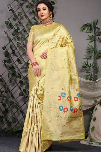 Lemon yellow patola silk blend saree with multicolour floral zari weaving