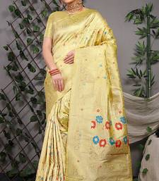Lemon yellow patola silk blend saree with multicolour floral zari weaving