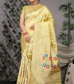 Lemon yellow patola silk blend saree with multicolour floral zari weaving