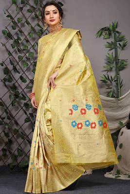 Lemon yellow patola silk blend saree with multicolour floral zari weaving 2