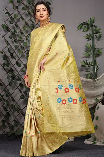 Lemon yellow patola silk blend saree with multicolour floral zari weaving