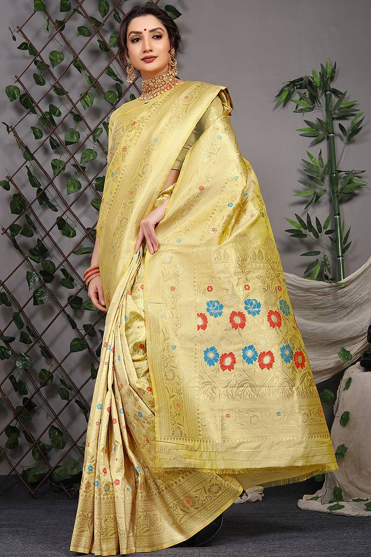 Lemon yellow patola silk blend saree with multicolour floral zari weaving