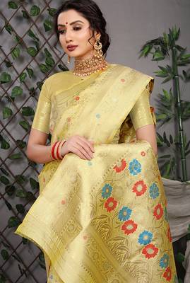 Lemon yellow patola silk blend saree with multicolour floral zari weaving 3