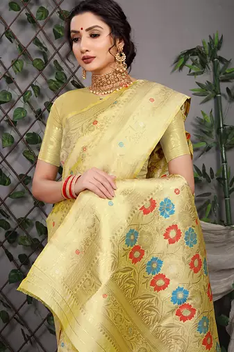 Lemon yellow patola silk blend saree with multicolour floral zari weaving