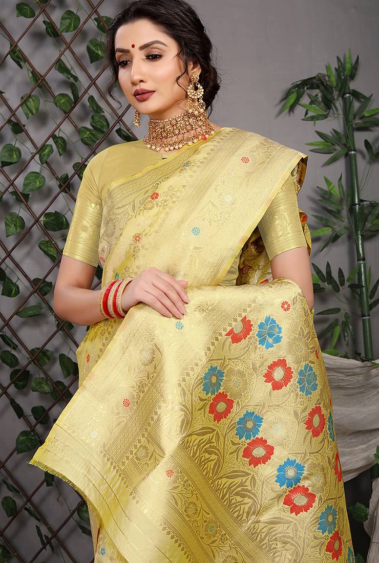 Lemon yellow patola silk blend saree with multicolour floral zari weaving