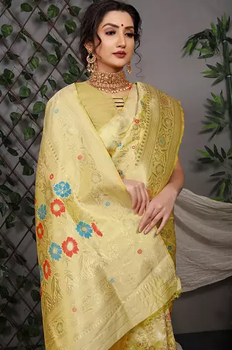 Lemon yellow patola silk blend saree with multicolour floral zari weaving
