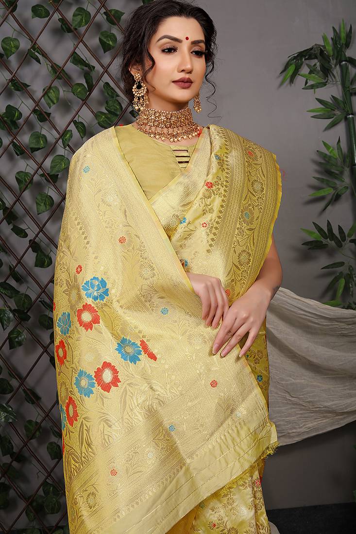 Lemon yellow patola silk blend saree with multicolour floral zari weaving