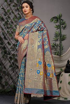 Greyish blue patola silk blend saree with multicolour floral zari weaving 1