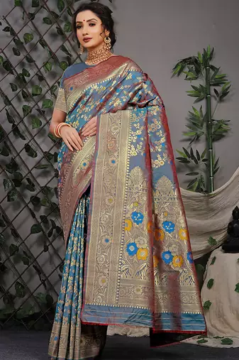 Greyish blue patola silk blend saree with multicolour floral zari weaving