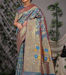 Greyish blue patola silk blend saree with multicolour floral zari weaving