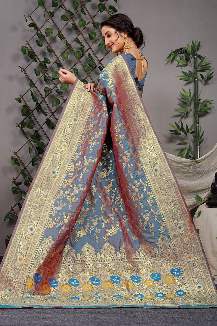 Greyish blue patola silk blend saree with multicolour floral zari weaving
