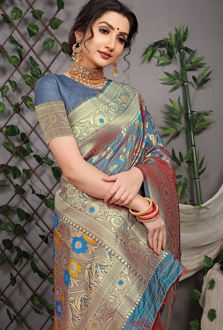 Greyish blue patola silk blend saree with multicolour floral zari weaving