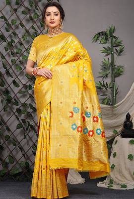 Mustard yellow patola silk blend saree with multicolour floral zari weaving 1