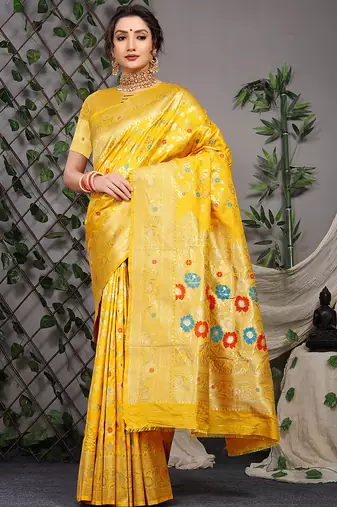 Mustard yellow patola silk blend saree with multicolour floral zari weaving