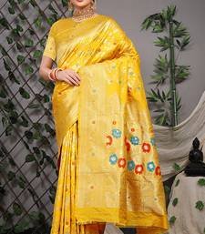 Mustard yellow patola silk blend saree with multicolour floral zari weaving