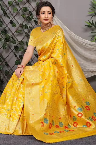 Mustard yellow patola silk blend saree with multicolour floral zari weaving
