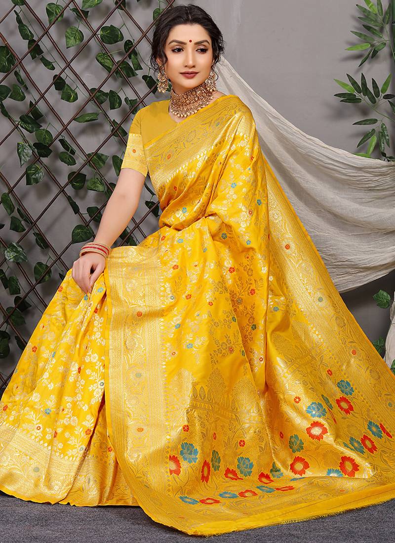 Mustard yellow patola silk blend saree with multicolour floral zari weaving
