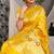 Mustard yellow patola silk blend saree with multicolour floral zari weaving