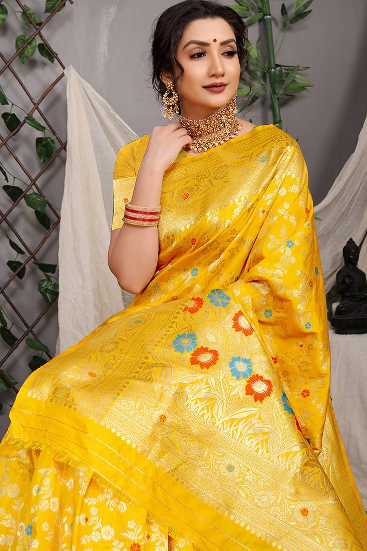 Mustard yellow patola silk blend saree with multicolour floral zari weaving