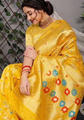 Mustard yellow patola silk blend saree with multicolour floral zari weaving 4