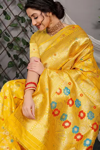 Mustard yellow patola silk blend saree with multicolour floral zari weaving