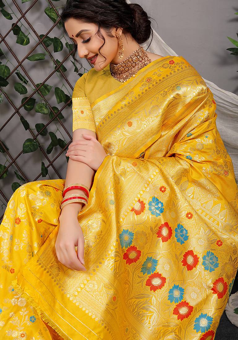 Mustard yellow patola silk blend saree with multicolour floral zari weaving
