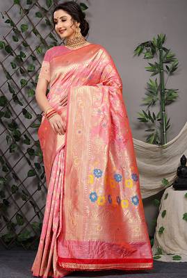 Pink patola silk blend saree with multicolour floral zari weaving 1