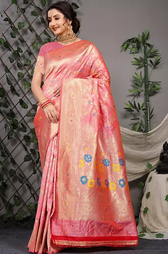 Pink patola silk blend saree with multicolour floral zari weaving