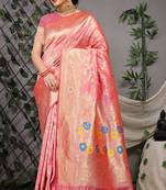 Pink patola silk blend saree with multicolour floral zari weaving