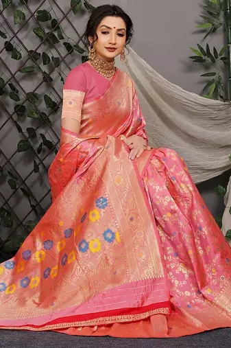 Pink patola silk blend saree with multicolour floral zari weaving