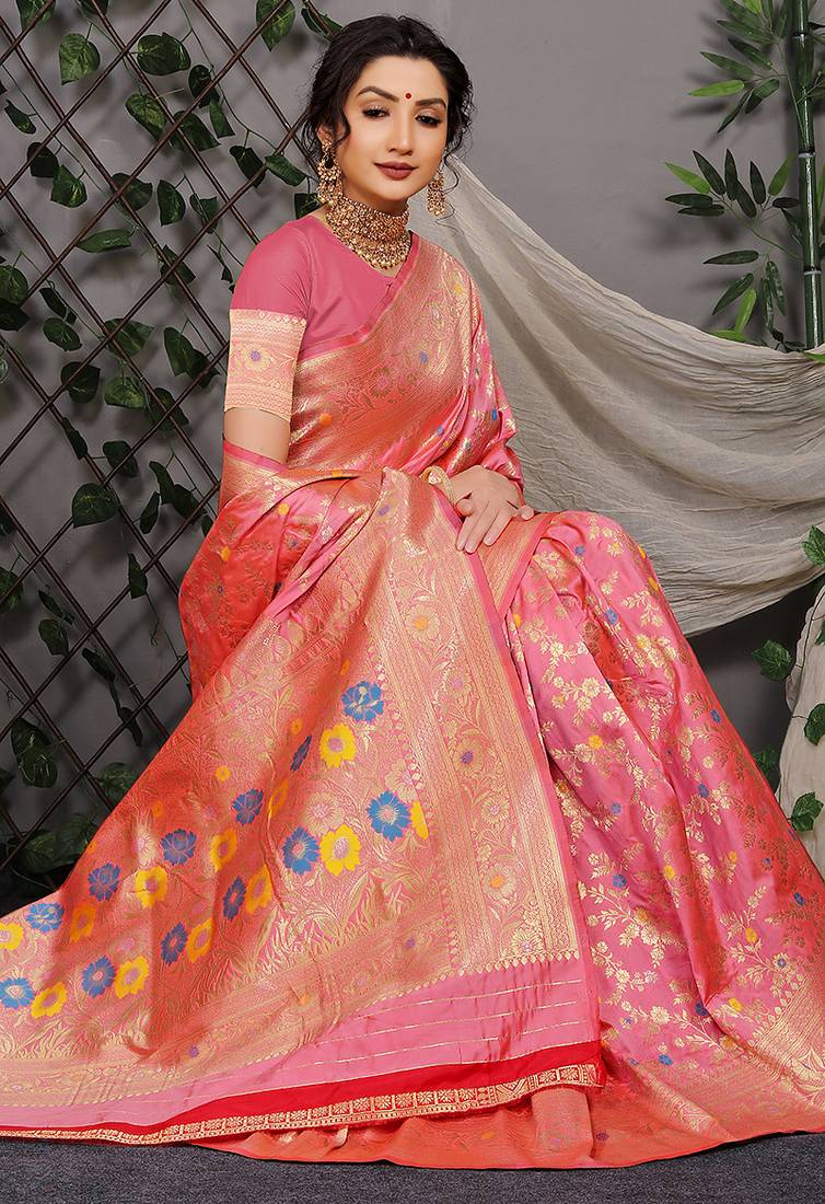 Pink patola silk blend saree with multicolour floral zari weaving