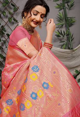 Pink patola silk blend saree with multicolour floral zari weaving 3