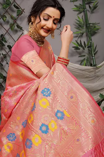 Pink patola silk blend saree with multicolour floral zari weaving