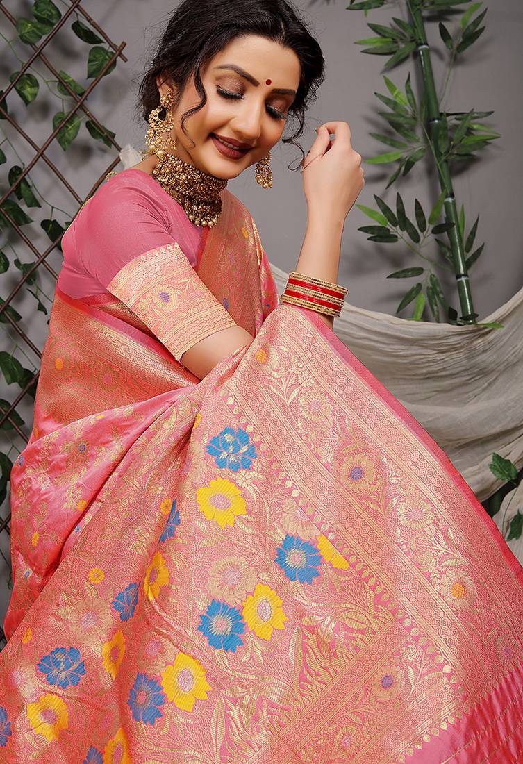 Pink patola silk blend saree with multicolour floral zari weaving