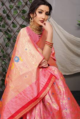 Pink patola silk blend saree with multicolour floral zari weaving 4
