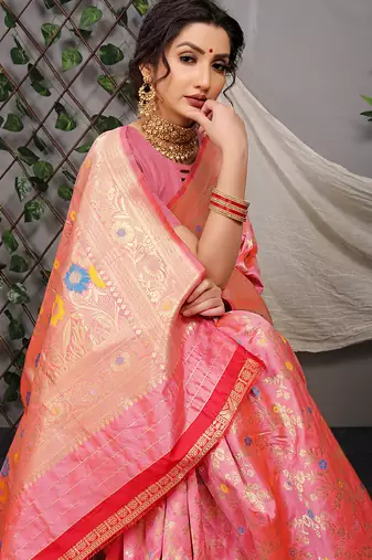 Pink patola silk blend saree with multicolour floral zari weaving