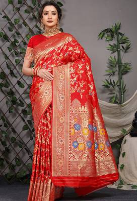 Red patola silk blend saree with multicolour floral zari weaving 1