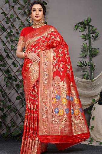Red patola silk blend saree with multicolour floral zari weaving
