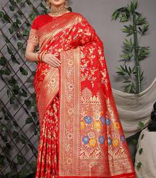Red patola silk blend saree with multicolour floral zari weaving